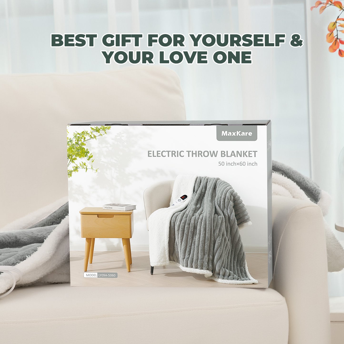 Maxkare 50" x 60" Electric Throw Blanket, Soft Faux Fur & Shu Velvet Heated Blanket, 6 Heating Levels, 4 Hours Timer, Large LED Display, Gray & White