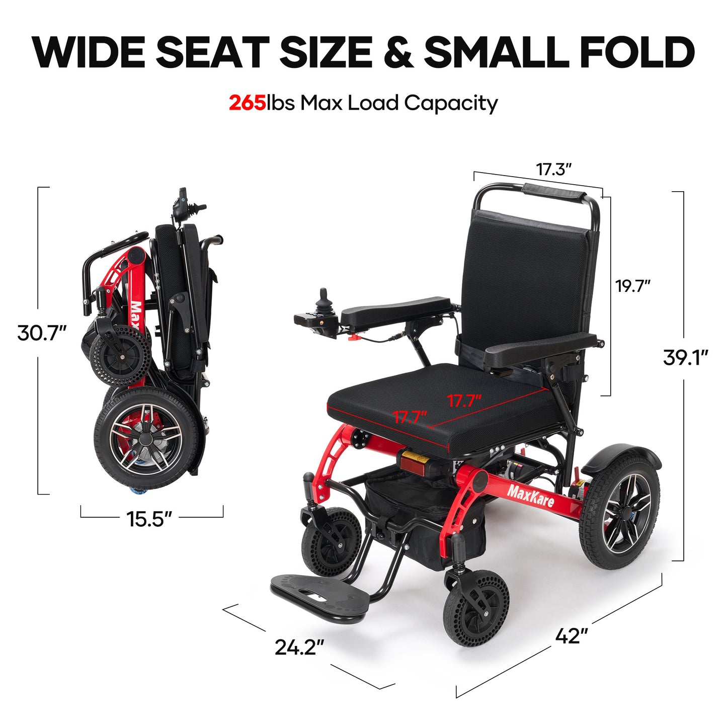 MaxKare Foldable Electric Wheelchair, 5 Speeds, 2 Modes, Dual Motors, for Adults & Senior, Black/Red