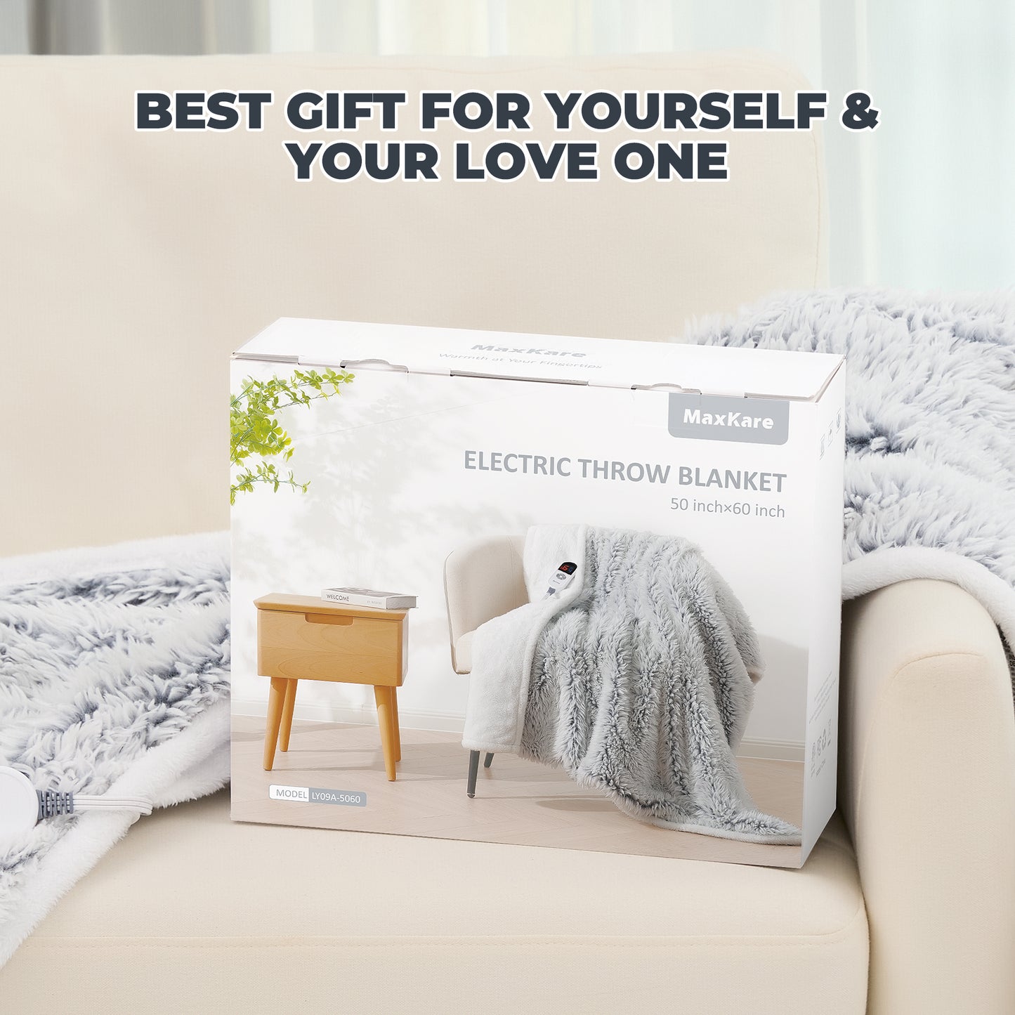 MaxKare Electric Throw Blanket 50" x 60", with 6 Heating Levels & 4 Hours Timer, Plush Faux Fur & Velvet, Gray & White