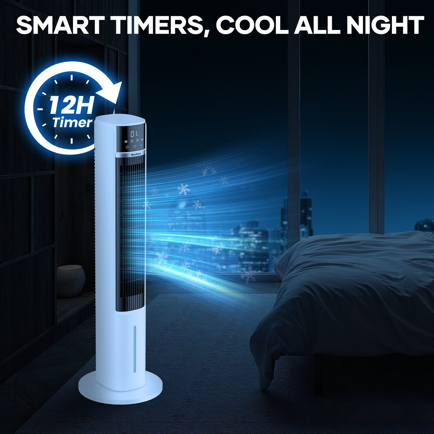 MaxKare 40in Tower Fan, Air Cooler with Remote, 75° Oscillating, 3 Speeds, 12H Timer, for Home or Office, White