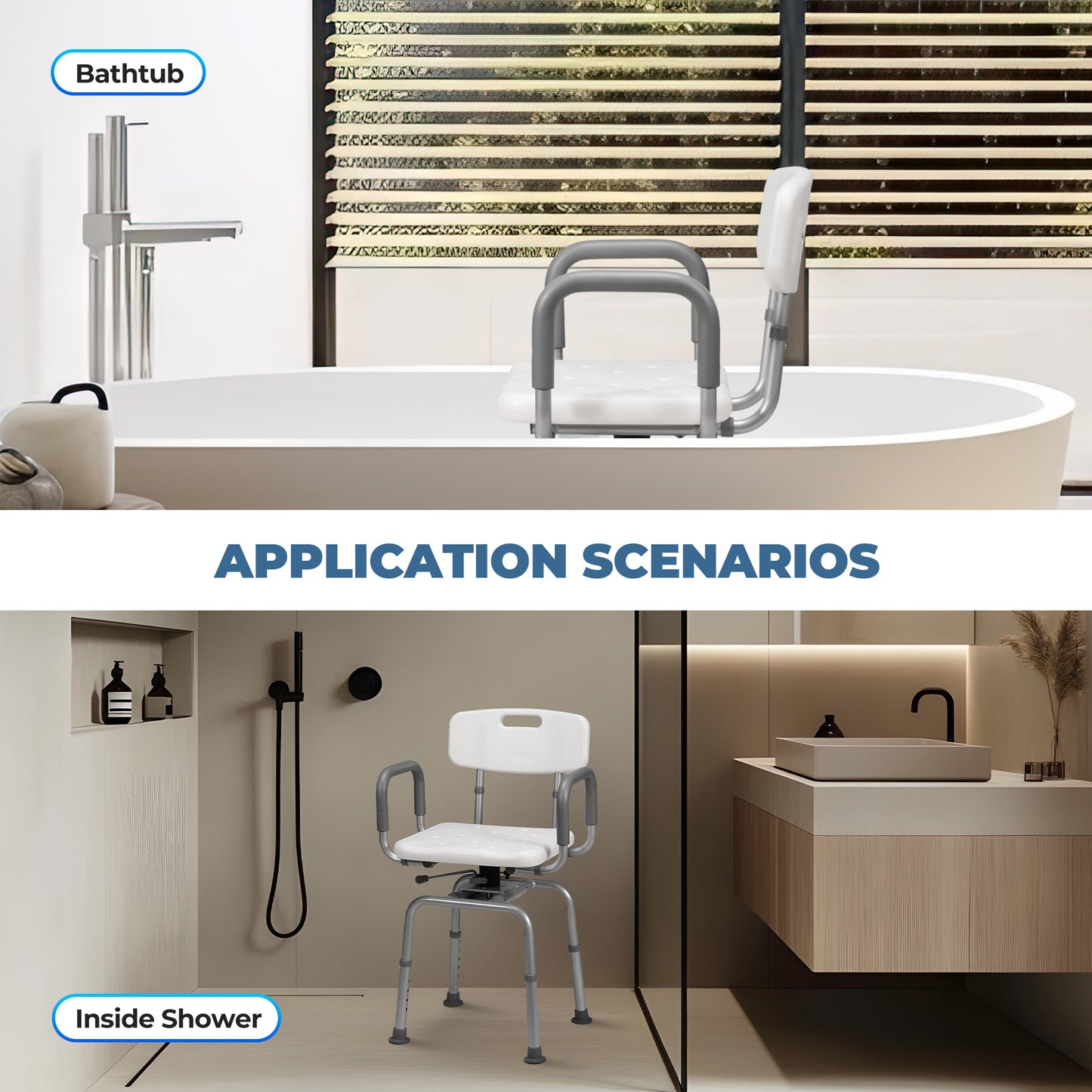 MaxKare 360° Swivel Shower Chair with Back and Arms, 5 Levels Adjustable Height Shower Stool, Support Up to 300 Lbs