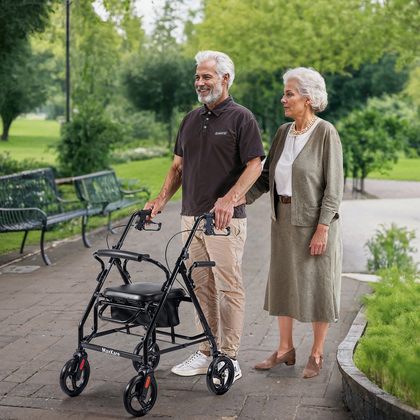 MaxKare Rollator Walker 8" Wheels with Seat & Padel for Seniors, Use as Transport Wheelchair or Walker, Removable Armrest & Backrest, Foldable, Supports up to 300Lbs, Adjustable Handles