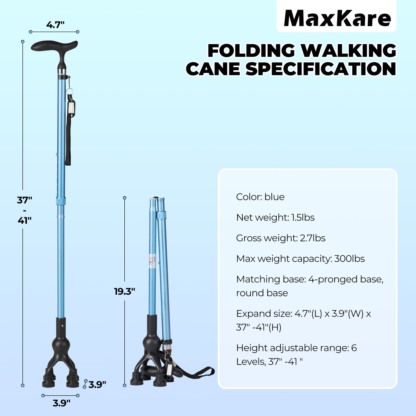 MaxKare Folding Walking Canes with Comfort Grip, 37"-41" Adjustable - Blue