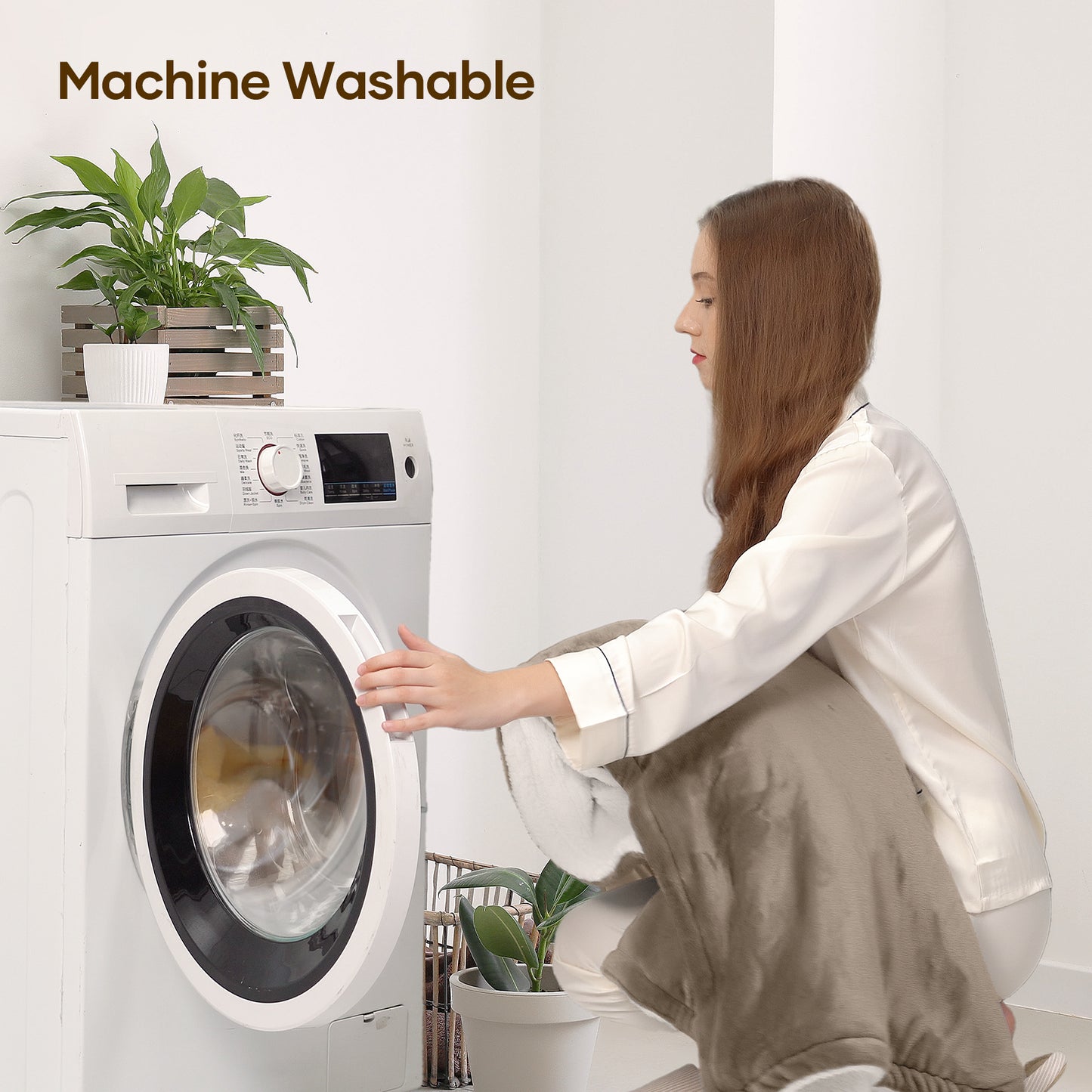 Maxkare 50" x 60" Electric Throw Blanket with 6 Heating Levels & 4H Auto-off, Machine Washable, Linen & White