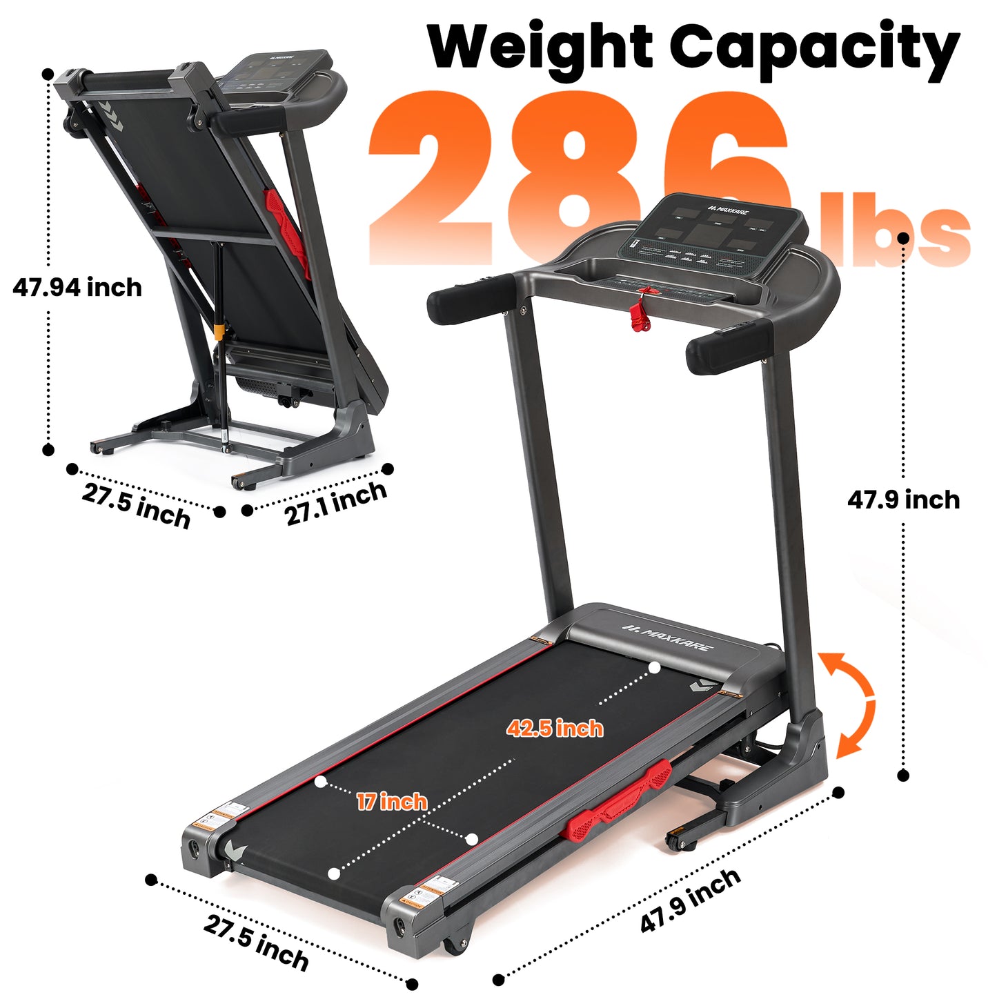 MaxKare 15 Level Auto Incline Treadmill, 3.0HP Folding Treadmill for Home with Bluetooth/Zwift App, Running and Walking Max 9MPH Speed, 286lb Capacity