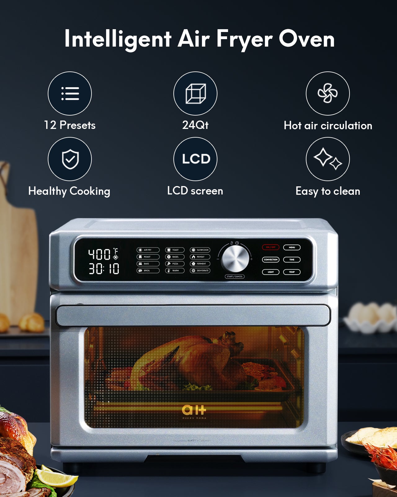 Load image into Gallery viewer, 1700W 24QT Air Fryer Toaster Oven Combo, 2-in-1 Digital Convection Oven and Dehydrator for Chicken, Pizza and Cookies, Large with 100 Online Recipes, Stainless Steel