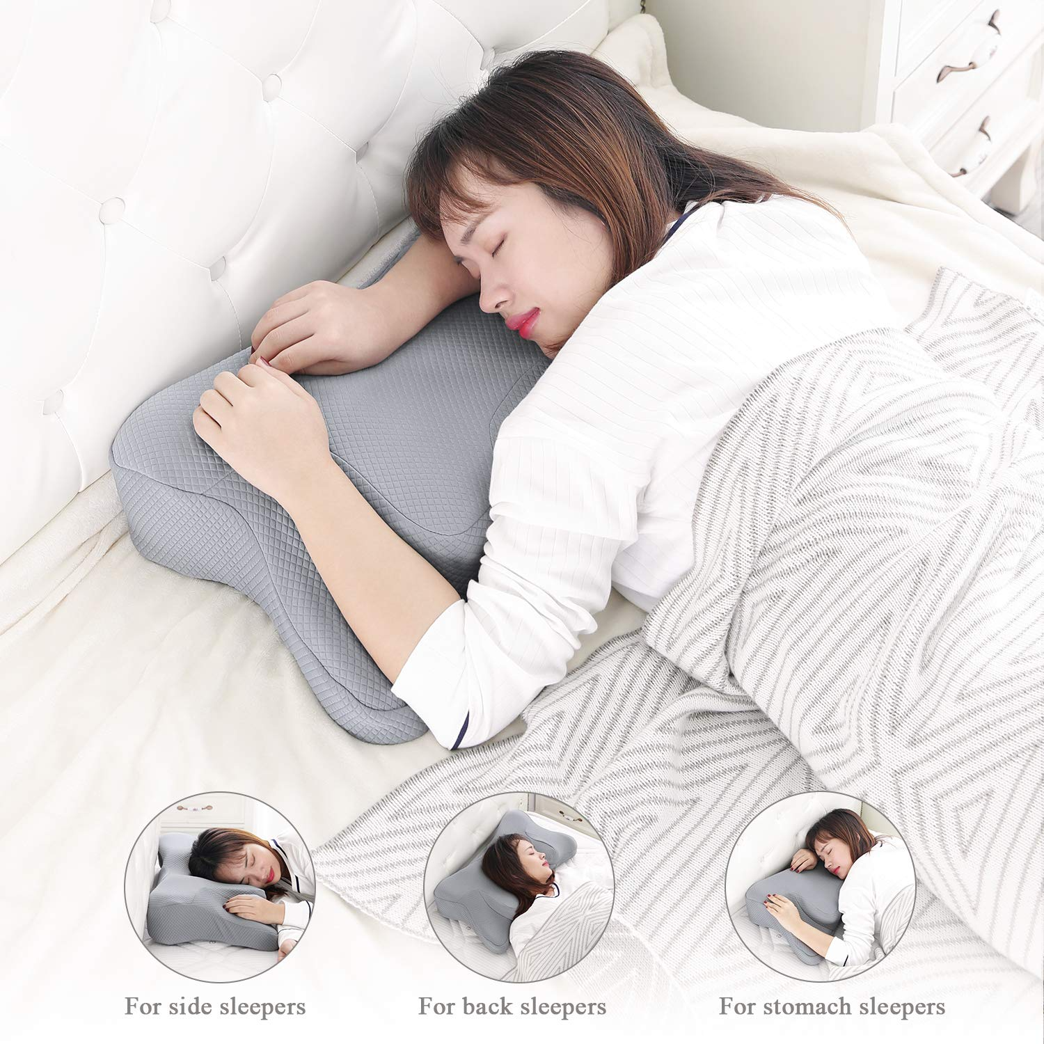 Load image into Gallery viewer, Neck Cervical Pillow Gray Memory Foam Pillow for Neck Shoulder Pain Queen Size Ergonomic Butterfly Shape Side Sleeper Pillow Anti-Snoring Relief for Side Back Stomach Sleepers