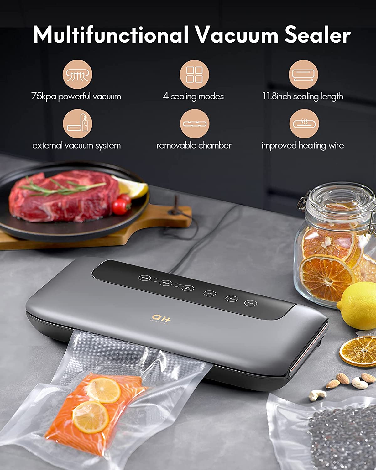 Load image into Gallery viewer, Aukey Home Vacuum Sealer Machine 8 in 1 Automatic Food Sealer, 75Kpa Powerful Air Sealing System with Dry&Moist Modes, Built-in Cutter and Starter Kit, Matte Gray, 11.8inch