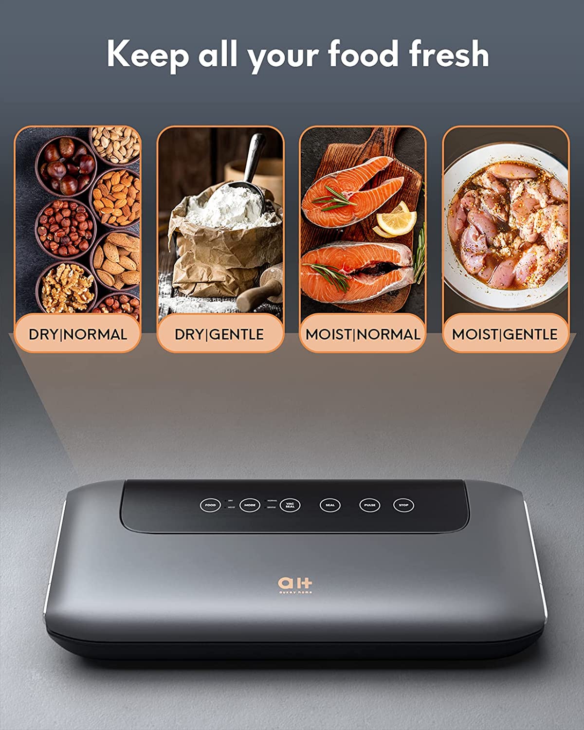 Load image into Gallery viewer, Aukey Home Vacuum Sealer Machine 8 in 1 Automatic Food Sealer, 75Kpa Powerful Air Sealing System with Dry&Moist Modes, Built-in Cutter and Starter Kit, Matte Gray, 11.8inch