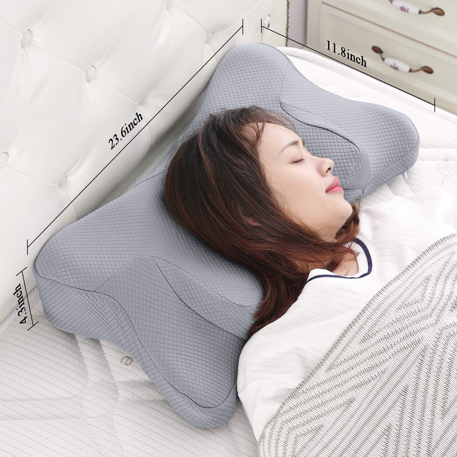 Load image into Gallery viewer, Neck Cervical Pillow Gray Memory Foam Pillow for Neck Shoulder Pain Queen Size Ergonomic Butterfly Shape Side Sleeper Pillow Anti-Snoring Relief for Side Back Stomach Sleepers