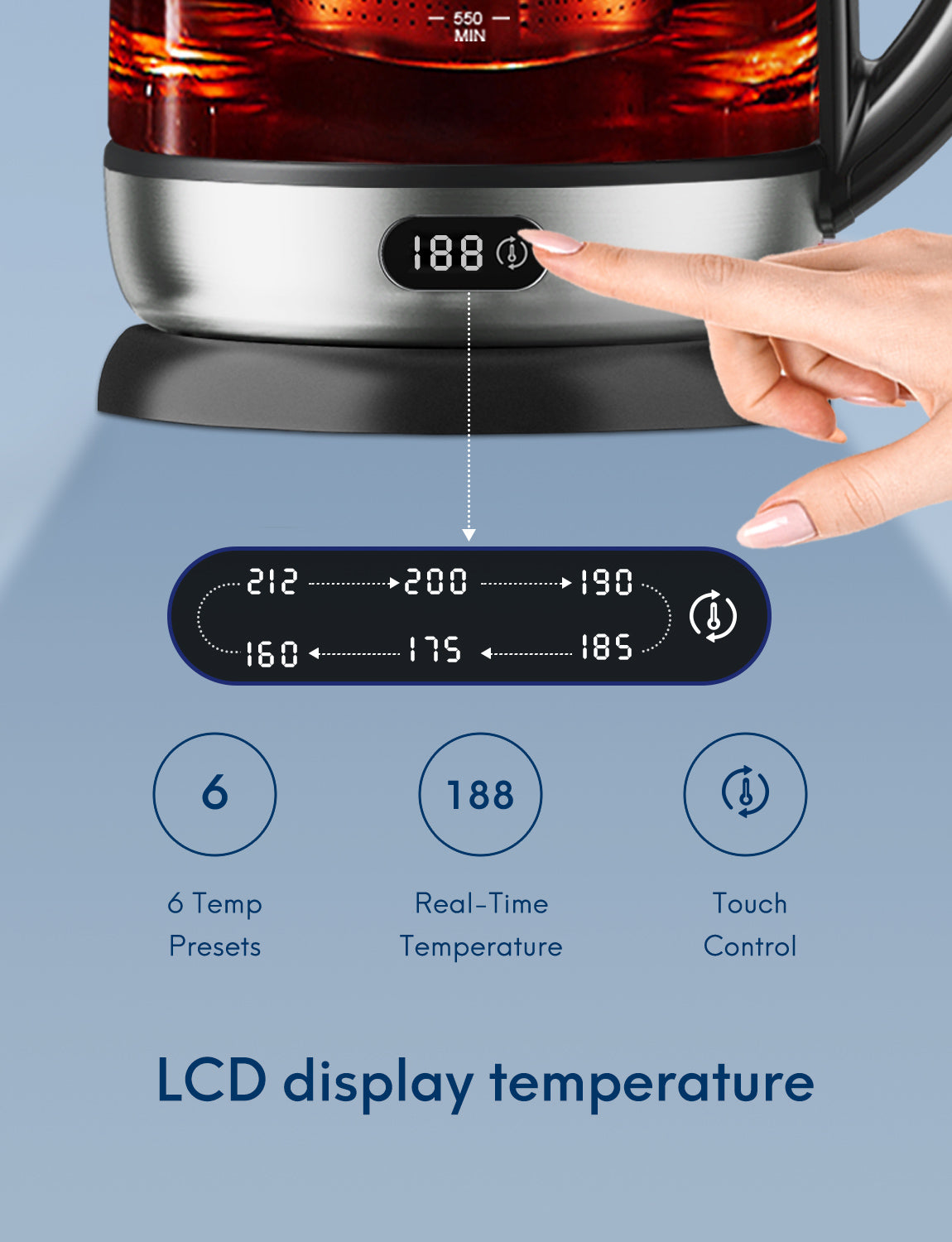 Load image into Gallery viewer, AICOOK 1.7L Electric Kettle Glass Tea Kettle with 6 Temperature Presets, LED Display, Food Grade Stainless Steel, Auto Shut Off, BPA Free