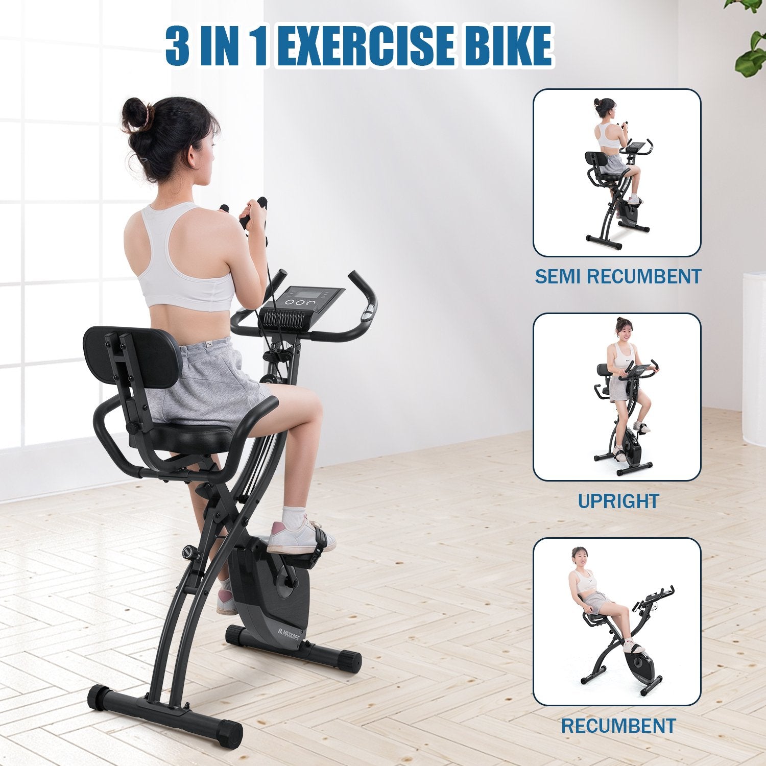 Load image into Gallery viewer, Exercise Bike Stationary Bike Folding Exercise Bike Foldable Magnetic Upright Recumbent Bike Cycling 3 in 1 Exercise Bike with Arm Resistance Bands Perfect for Men and Women at Home