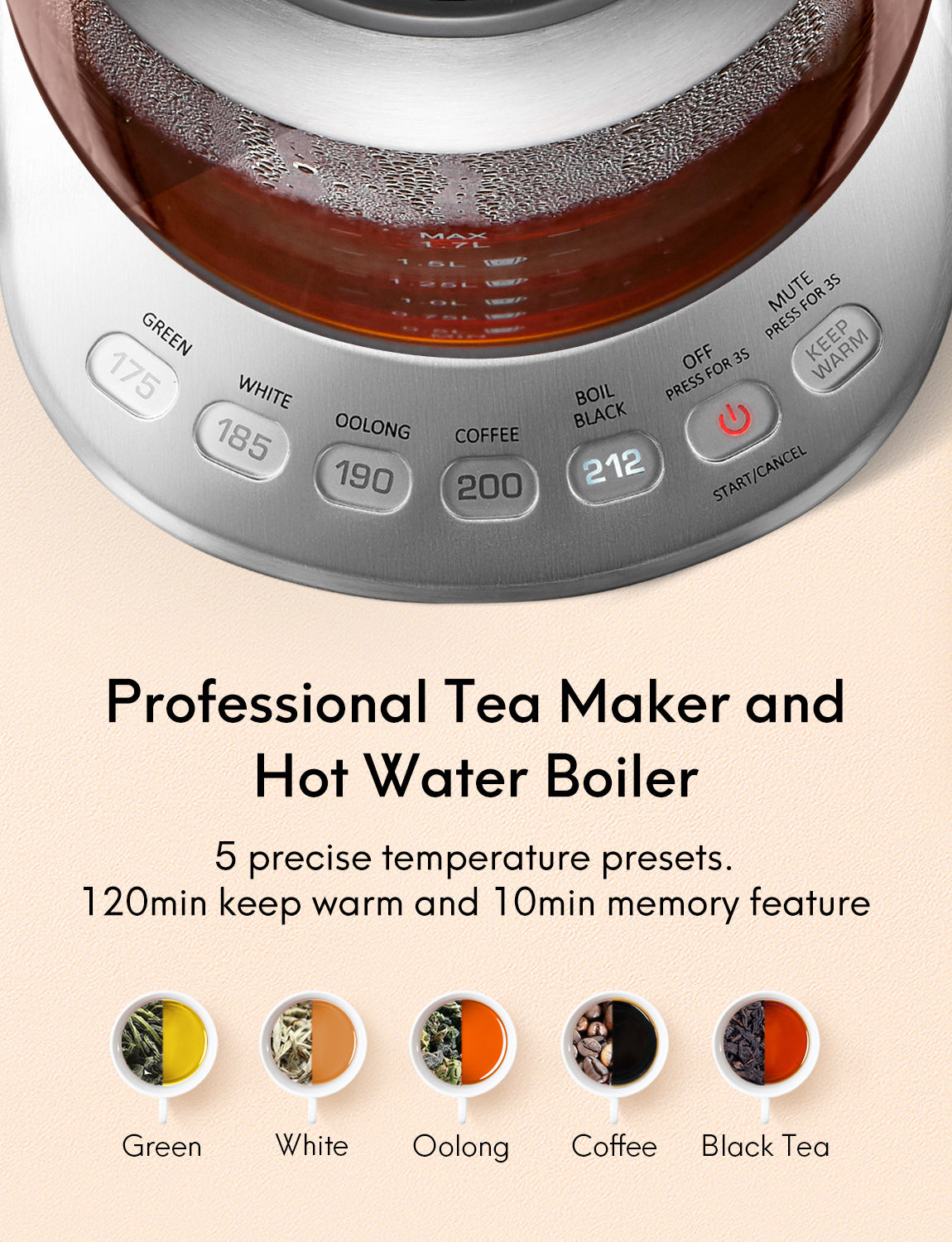 Load image into Gallery viewer, Electric Kettle, 1.7 Liter Capacity, Stainless Steel, Removable Infuser, Auto Keep Warm, BPA Free