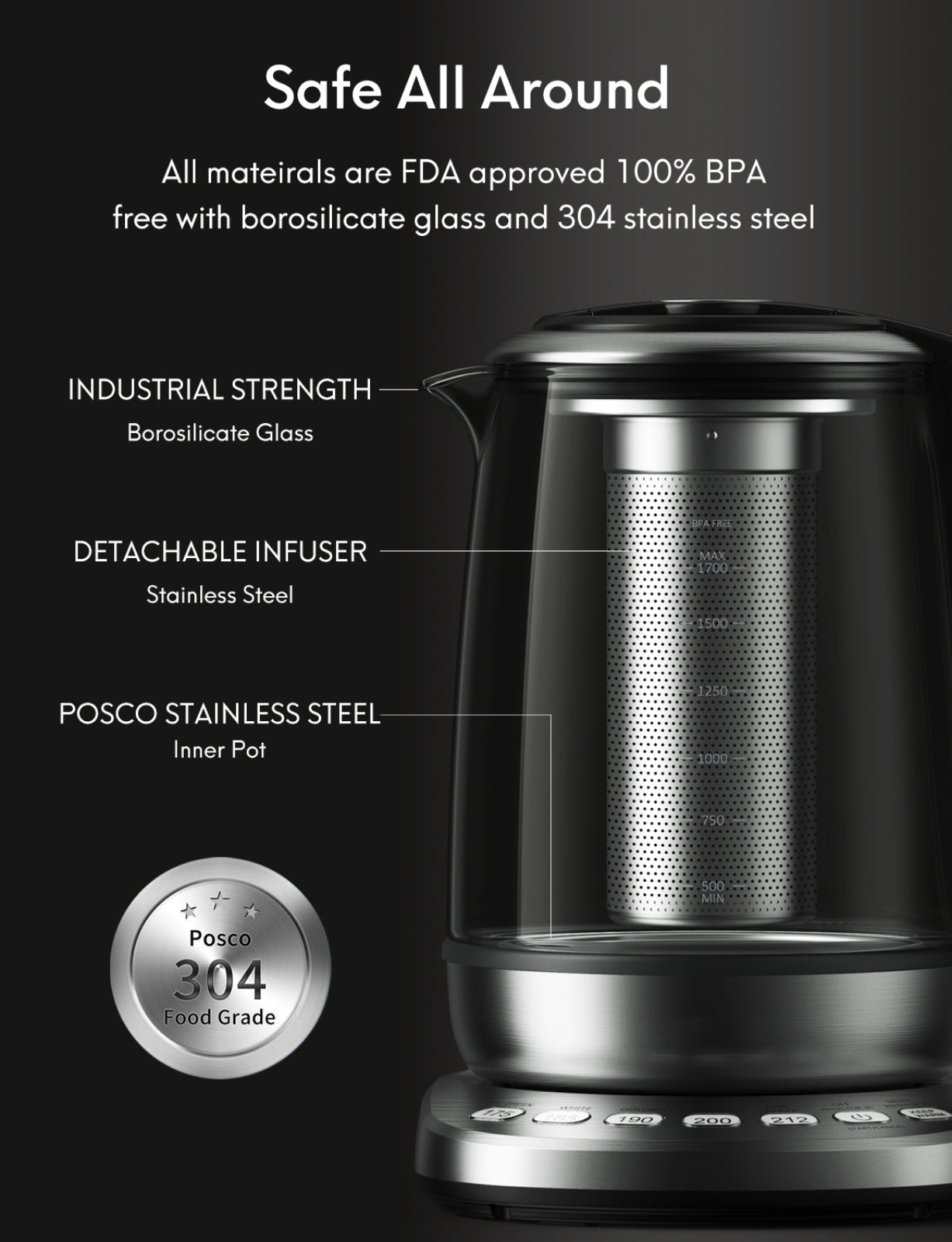 Load image into Gallery viewer, Electric Kettle, 1.7 Liter Capacity, Stainless Steel, Removable Infuser, Auto Keep Warm, BPA Free