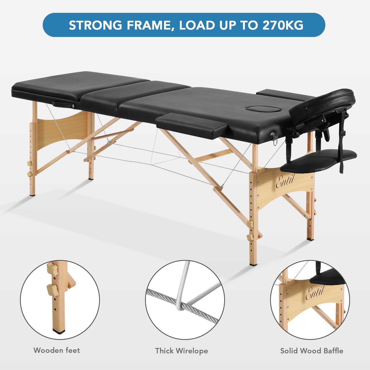Load image into Gallery viewer, Entil Massage Table Spa Bed Portable 3 Sections Wooden Legs with Face Hole Carrying Bag - NAIPO