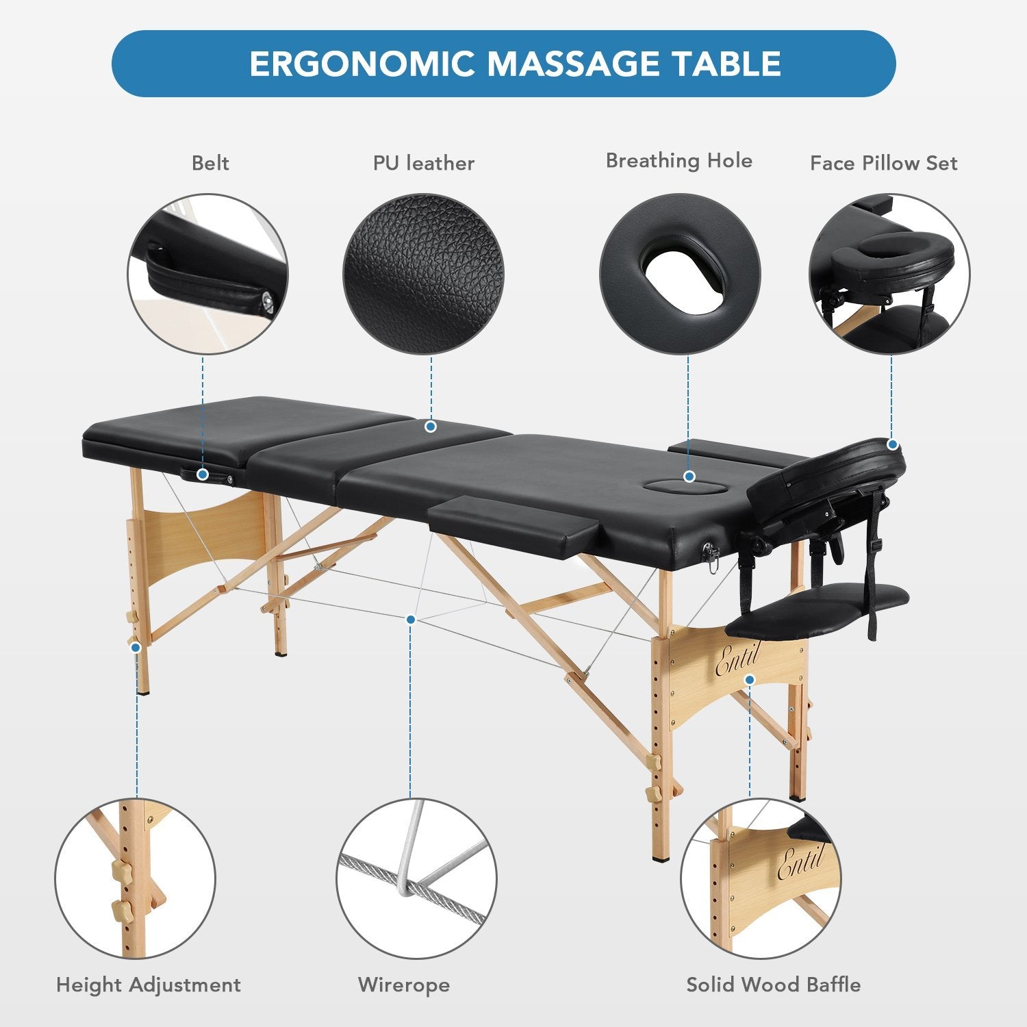 Load image into Gallery viewer, Entil Massage Table Spa Bed Portable 3 Sections Wooden Legs with Face Hole Carrying Bag - NAIPO