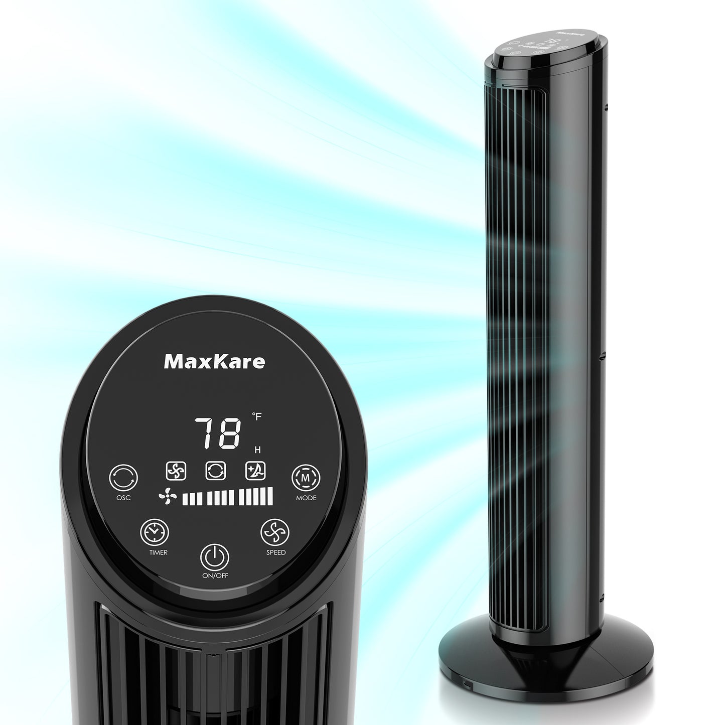 MaxKare 30" Tower Fan with Touch Screen & Remote Control, 42dB Quiet Cooling Bladeless Fan with 65°Oscillating, 3 Speeds, 2 Wind Modes, 15H Timer, Screen Light Auto-off, Black
