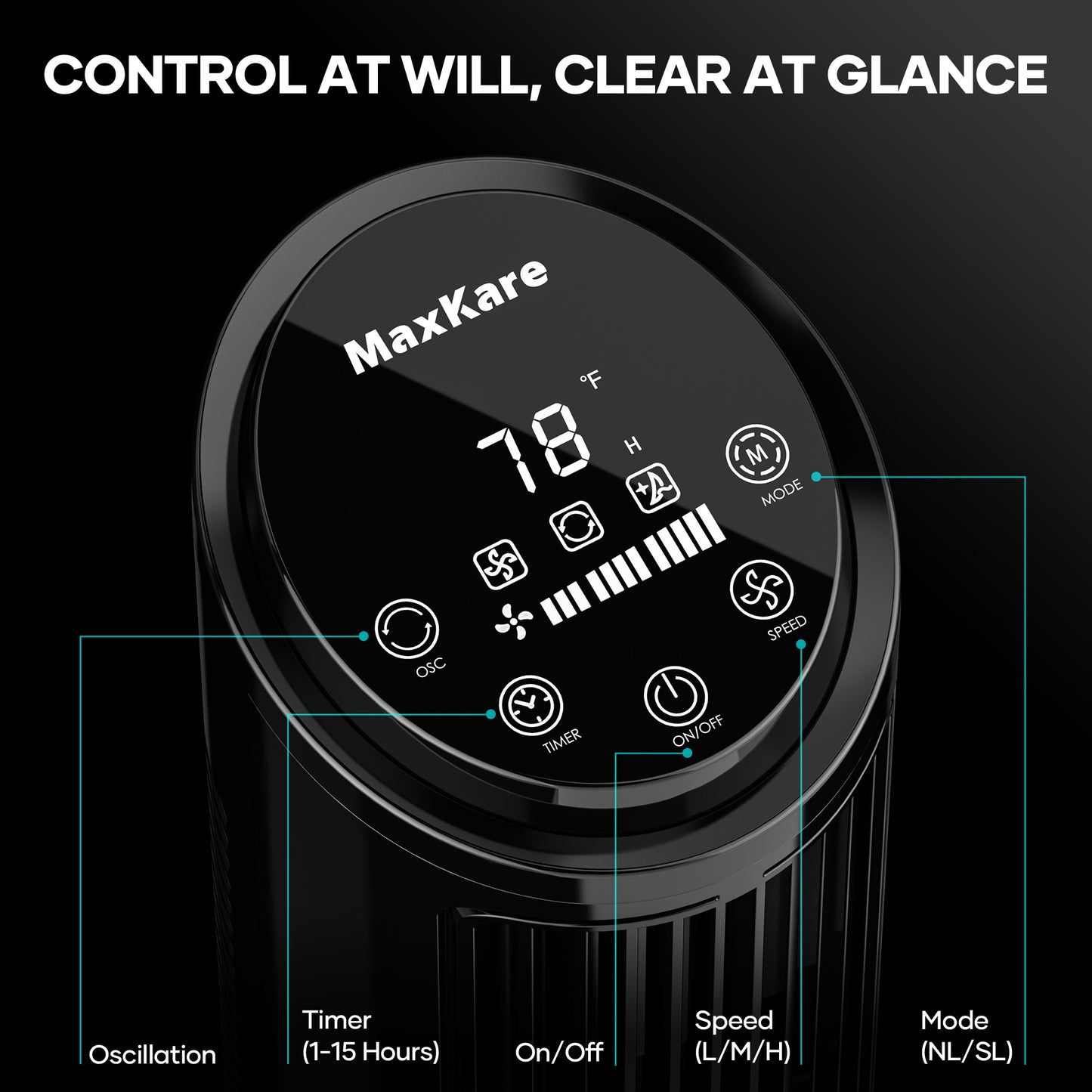 MaxKare 30" Tower Fan with Touch Screen & Remote Control, 42dB Quiet Cooling Bladeless Fan with 65°Oscillating, 3 Speeds, 2 Wind Modes, 15H Timer, Screen Light Auto-off, Black