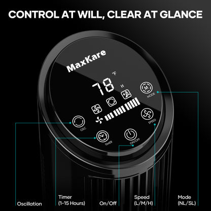 MaxKare 30" Tower Fan with Touch Screen & Remote Control, 42dB Quiet Cooling Bladeless Fan with 65°Oscillating, 3 Speeds, 2 Wind Modes, 15H Timer, Screen Light Auto-off, Black