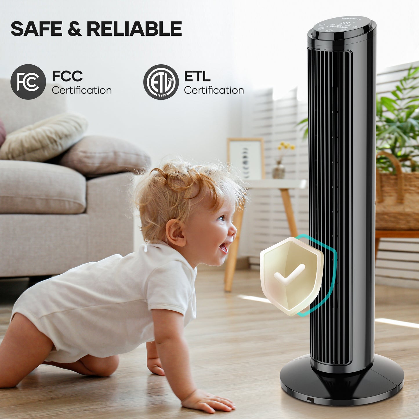 MaxKare 30" Tower Fan with Touch Screen & Remote Control, 42dB Quiet Cooling Bladeless Fan with 65°Oscillating, 3 Speeds, 2 Wind Modes, 15H Timer, Screen Light Auto-off, Black