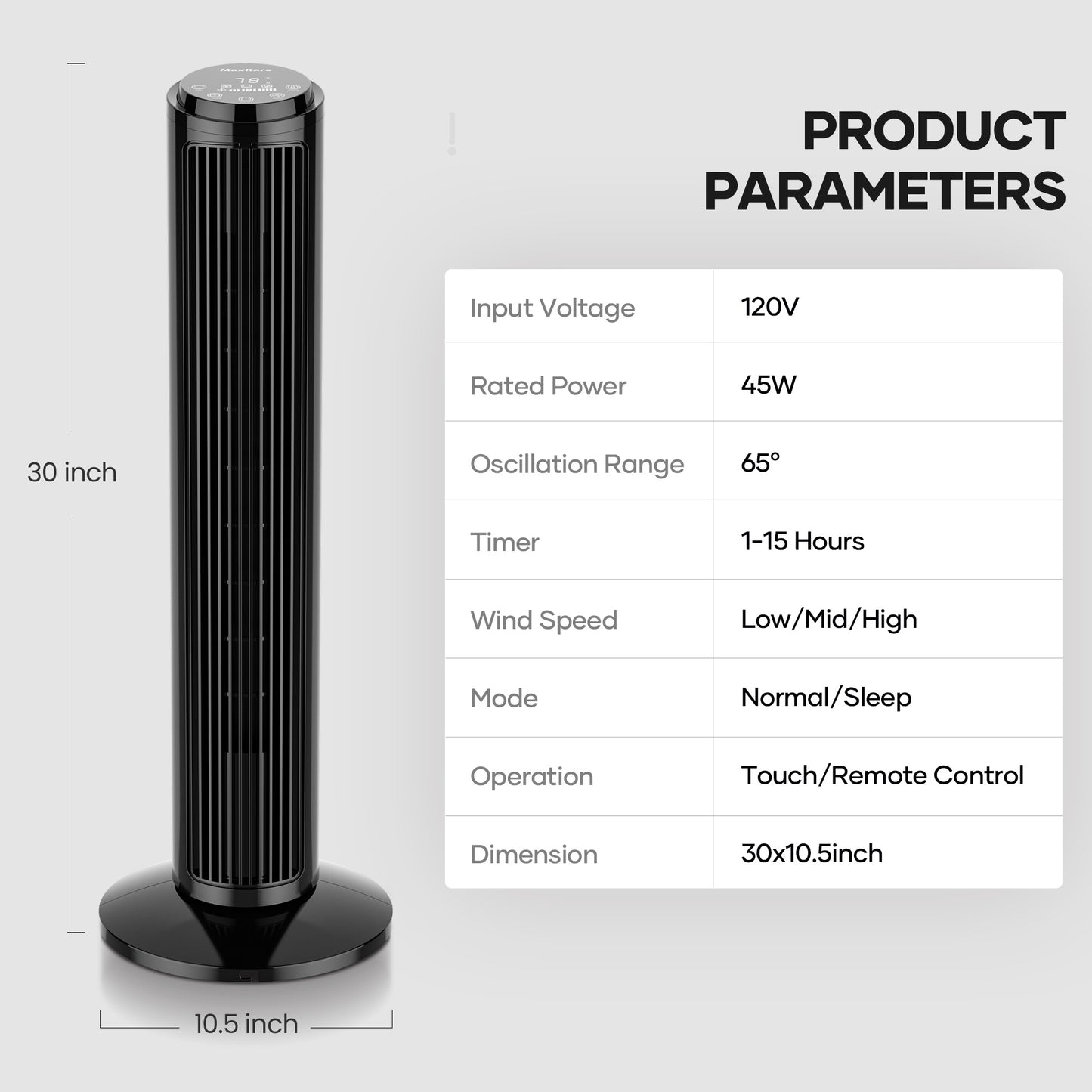 MaxKare 30" Tower Fan with Touch Screen & Remote Control, 42dB Quiet Cooling Bladeless Fan with 65°Oscillating, 3 Speeds, 2 Wind Modes, 15H Timer, Screen Light Auto-off, Black