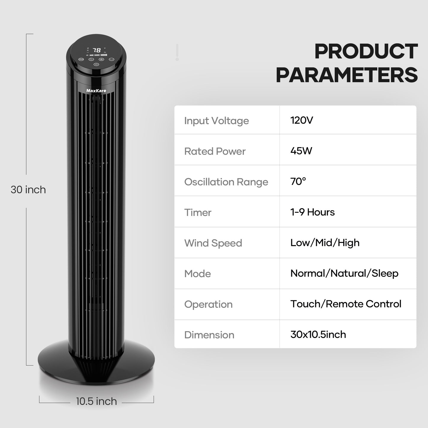 MAXKARE 3-Speed Remote Controlled Oscillating Tower Fan