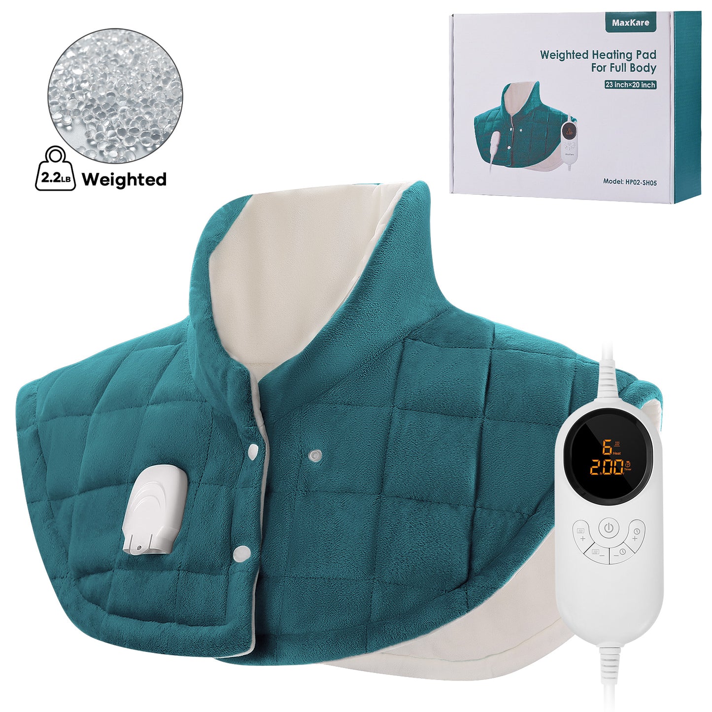 MaxKare HP02-SH05 Weighted Heating Pad 23"x20" with 6 Heat Settings & 4 Timer Settings for Back & Neck Pain Relief - Green
