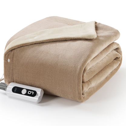 MaxKare Heated Throw Blanket 50" x72", 6 Heat Levels, 4H Auto-off, 3 Button Adjust Fix, Dual Soft Flannel, OEKO TEX Certified, Beige & Linen