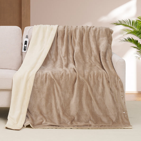 MaxKare Heated Throw Blanket, OEKO TEX Certified,  Electric Blanket with 6 Heat Levels, 4H Auto-off, 3 Button Adjust Fix, Beige & Linen Flannel, 50" x 72"