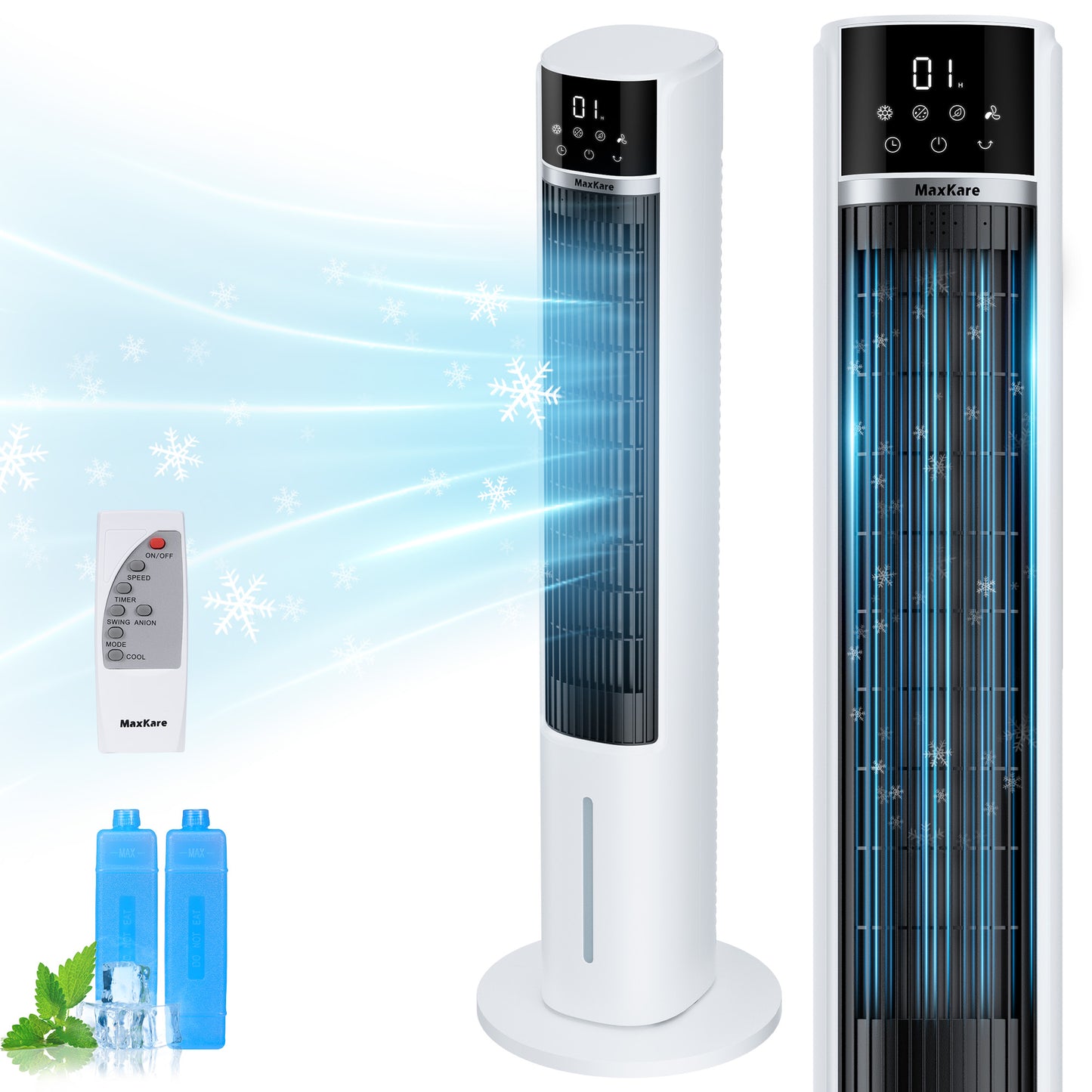 MaxKare 40" Tower Fan, Air Cooler for Bedroom, 12H Timers 3 Speeds 4 Modes, White