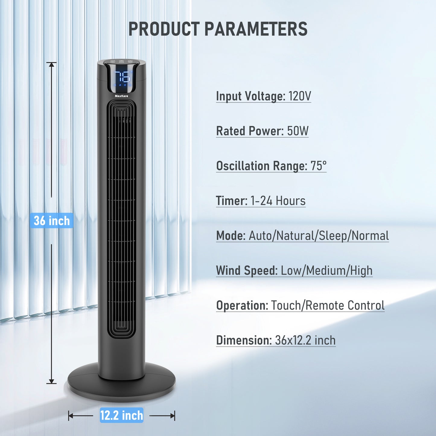 MaxKare Tower Fan, 36" Ultra Quiet 50dB Standing Floor Fan, 24H Timers, 75° Oscillation, Remote & No-Light Sleep Screen, Black