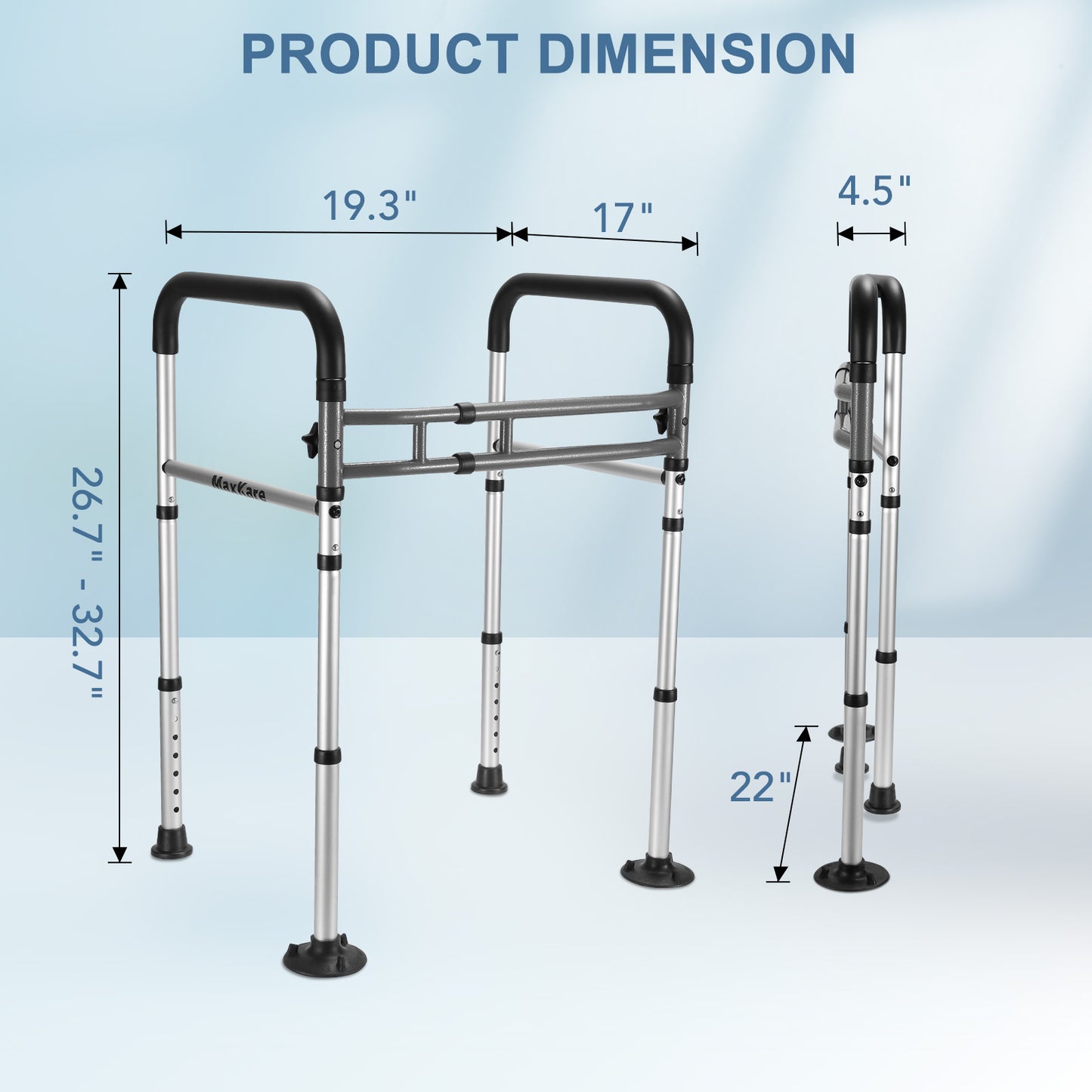 MaxKare Toilet Safety Rail for Elderly and Handicap, Adjustable Height & Width, Stand Alone Lightweight Aluminum Toilet Safety Frame, Supports up to 300Lbs