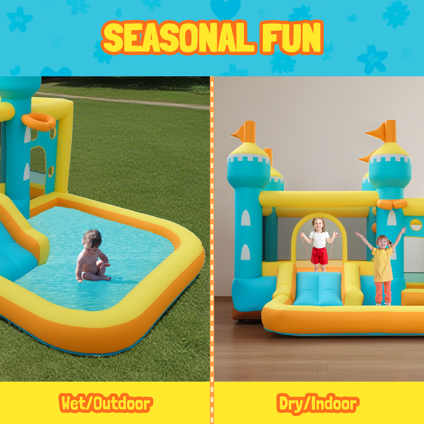 MaxKare Inflatable Bounce House, Castle-Themed Inflatable Bounce House - 5-in-1 Play Zones, 240lbs Capacity, FCC & CPC Certified, Blue/Yellow