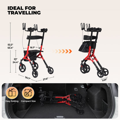 MaxKare Rollator Walker with Seat, Foldable 4 Wheel Rolling Medical Walker, Red