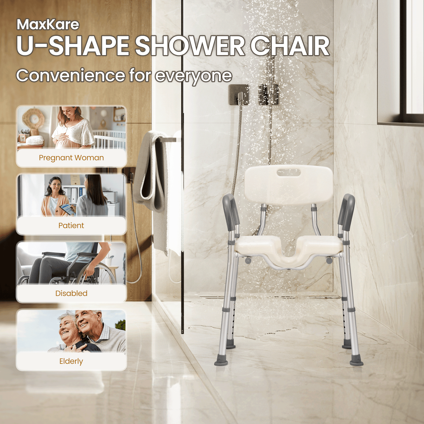 MaxKare Shower Chair with Back and Arms, U-Shape Groove Cutout for Private Cleaning