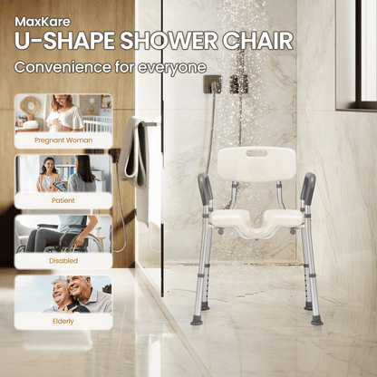 MaxKare Shower Chair with Back and Arms, U-Shape Groove Cutout for Private Cleaning