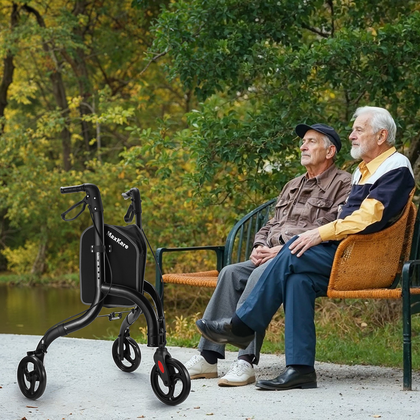MaxKare 3-Wheel Walker for Seniors Foldable Rollator Walker with 8'' Wheel Lightweight, 300Lbs Weight Capacity, Height Adjustable, Black