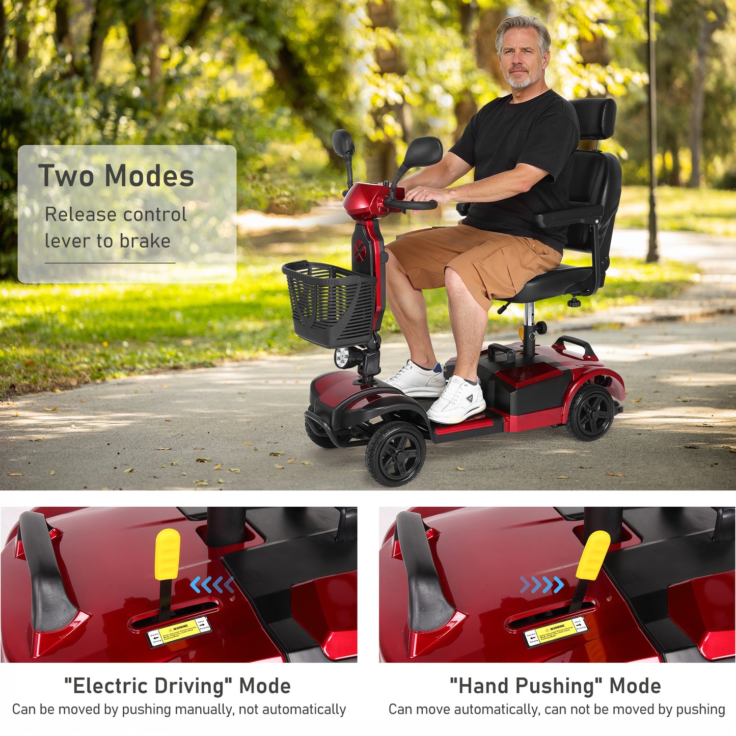 MaxKare 4-Wheel Mobility Scooter for Seniors, Heightened Thickened Seat with Pillow, Foldable Powered Mobile Wheelchair with Light & Basket for Travel, 330lbs, Red