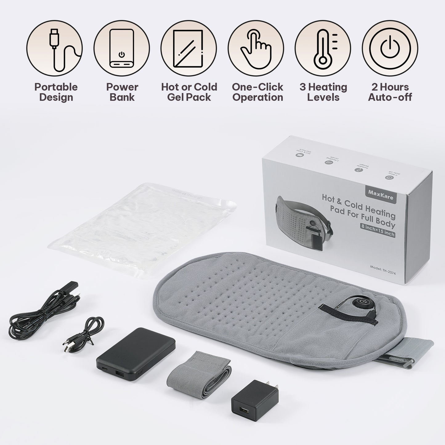 MaxKare Portable Heating Pad with Power Bank & Gel Pack, Adjustable Strap, for Hot and Cold Use 8"×15"-Gray