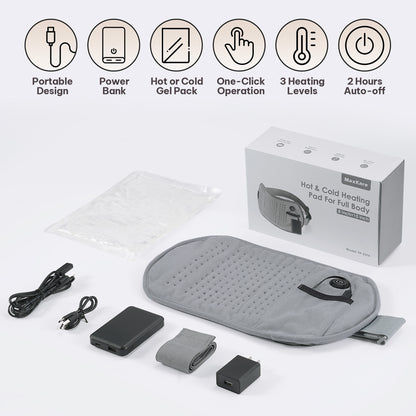 MaxKare Portable Heating Pad with Power Bank & Gel Pack, Adjustable Strap, for Hot and Cold Use 8"×15"-Gray