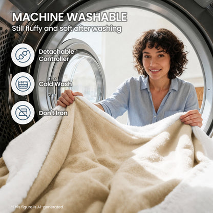 MaxKare 50" x 60" Electric Throw Blanket with 6 Heating Levels & 1-5H Auto-off, Machine Washable Flannel & Sherpa, Beige & White