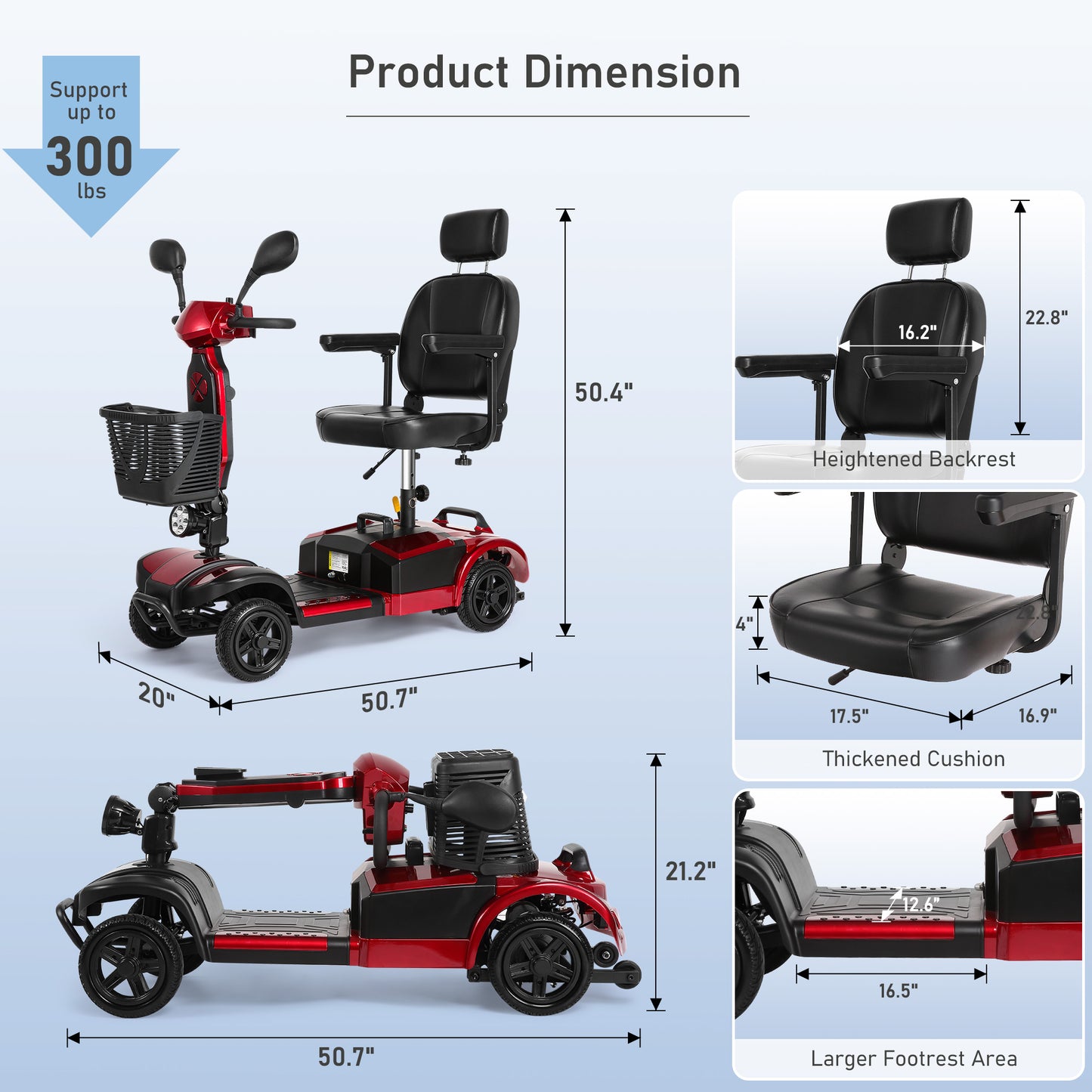 MaxKare 4-Wheel Mobility Scooter for Seniors, Heightened Thickened Seat with Pillow, Foldable Powered Mobile Wheelchair with Light & Basket for Travel, 330lbs, Red