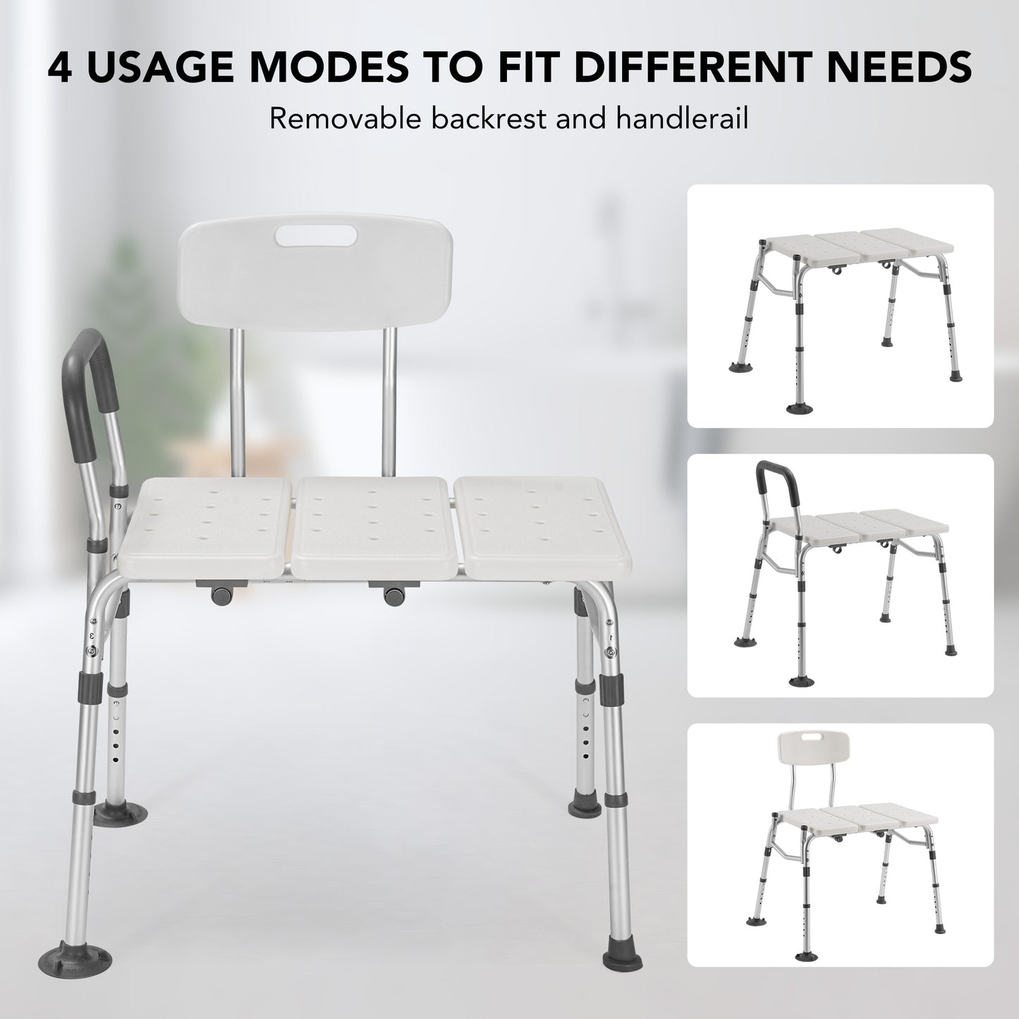 MaxKare Transfer Bench & Shower Chair with Backrest & Padded Armrests for Senior and Handicap, 10 Levels Height Adjustable, Support up to 300Lbs