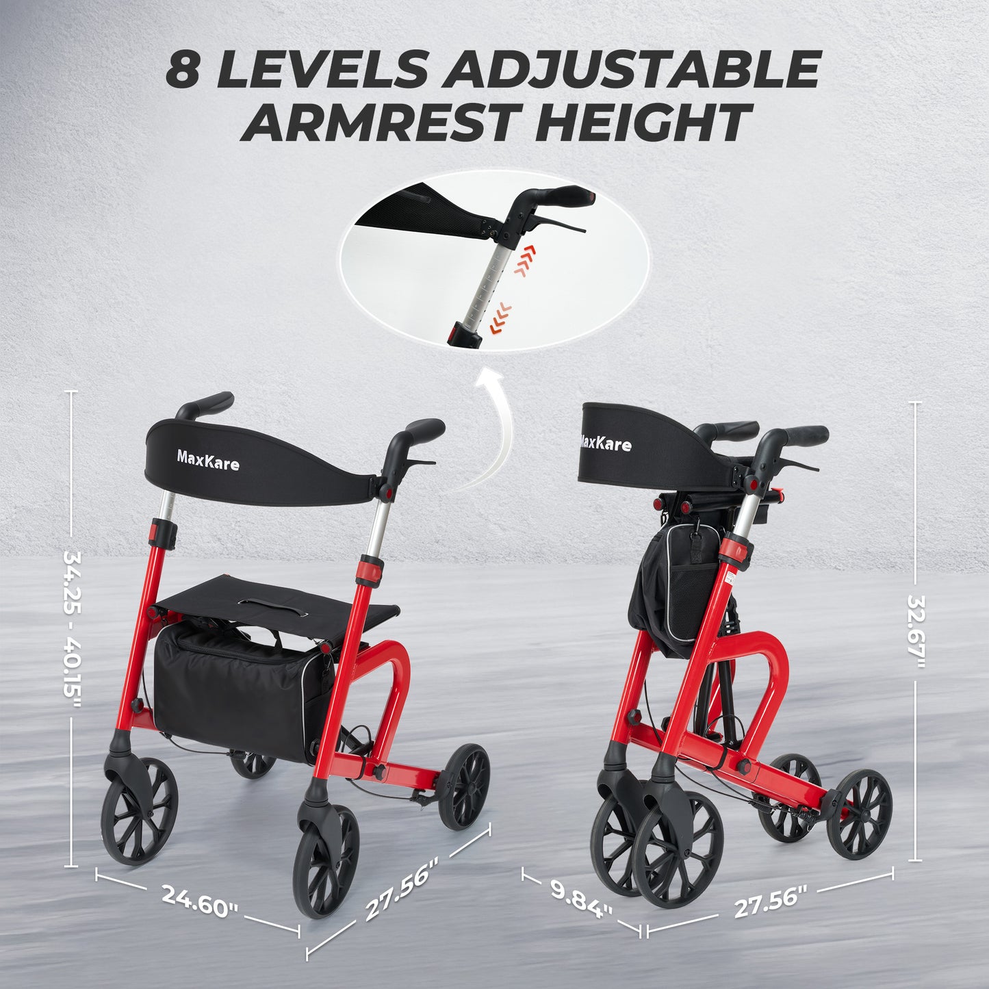 MaxKare Rollator Walker with Seat, Foldable 4 Wheel Rolling Medical Walker, Red