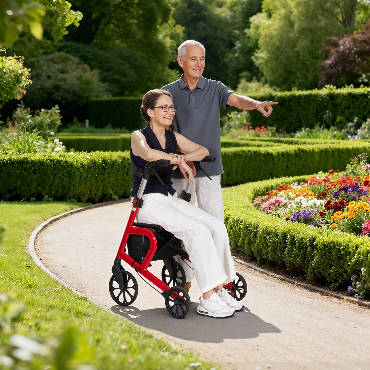 MaxKare Rollator Walker with Seat, Foldable 4 Wheel Rolling Medical Walker, Red