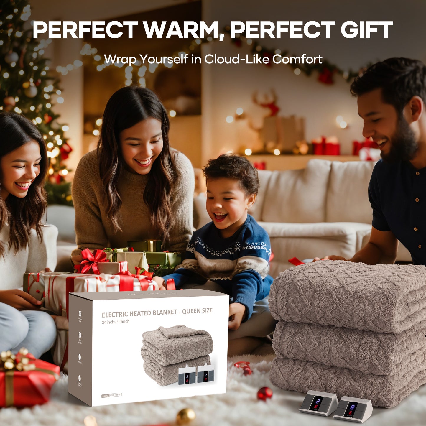 MaxKare Queen Size Heated Blanket Soft Cable Knit Shu Velveteen Electric Blanket, Dual Controllers, 10 Heat Levels, 10H Timer, 84" x 90", Linen