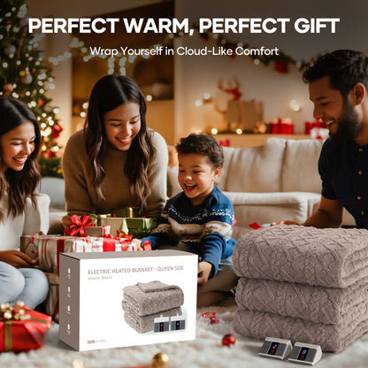 MaxKare Queen Size Heated Blanket Soft Cable Knit Shu Velveteen Electric Blanket, Dual Controllers, 10 Heat Levels, 10H Timer, 84" x 90", Linen