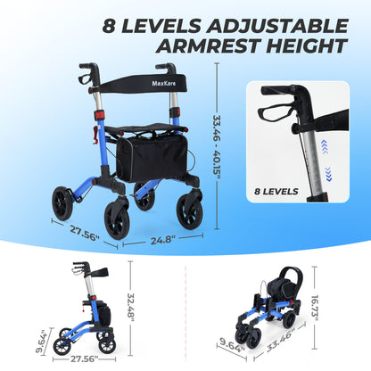 MaxKare Rollator Walker with Seat, Foldable 4 Wheel Rolling Medical Walker, Blue