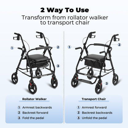 MaxKare Rollator Walker 8" Wheels with Seat & Padel for Seniors, Use as Transport Wheelchair or Walker, Removable Armrest & Backrest, Foldable, Supports up to 300Lbs, Adjustable Handles