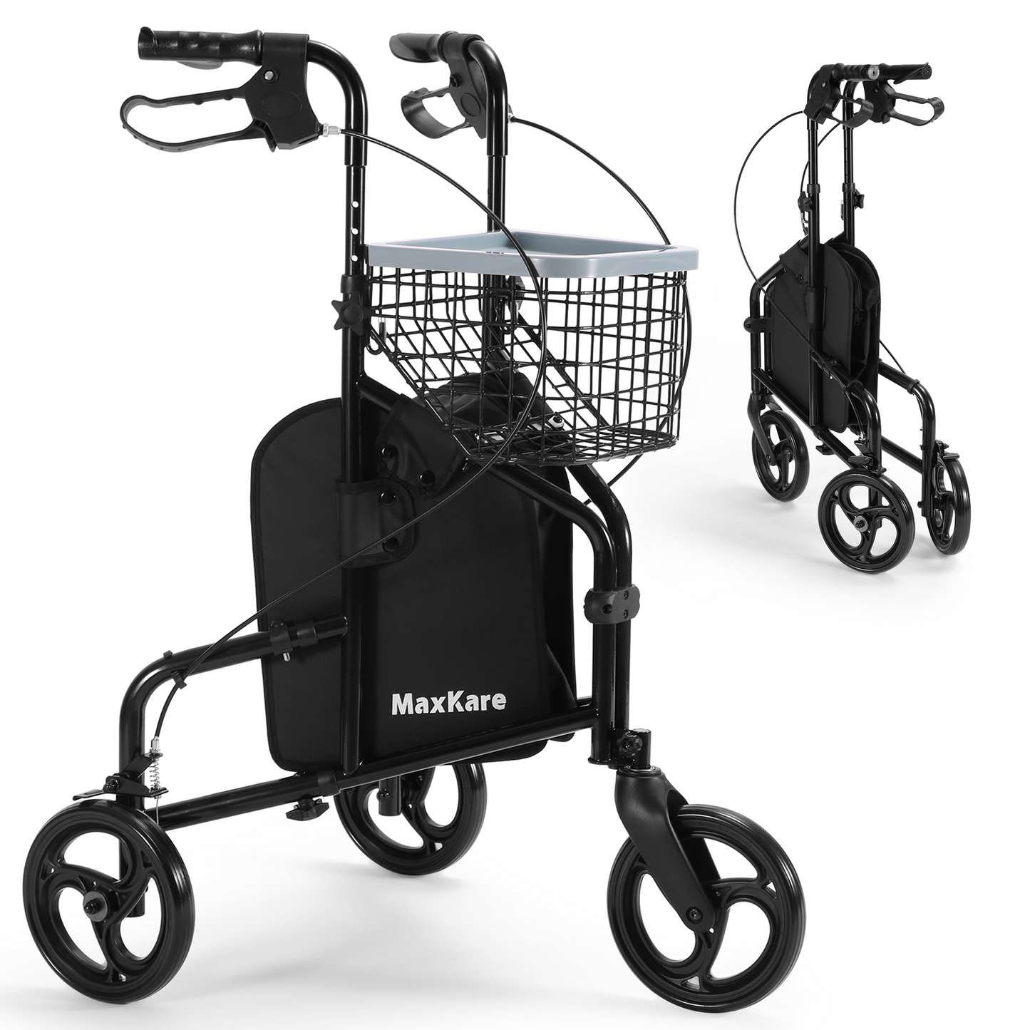 MaxKare 3-Wheel Walker for Seniors Foldable Rollator Walker with Basket & Tray, 300Lbs Weight Capacity, Height Adjustable, Black